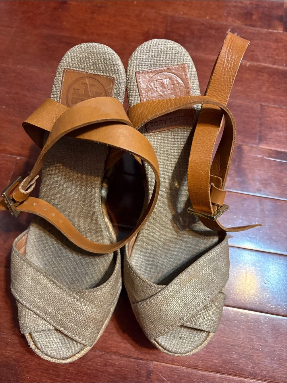 Tory Burch Gold Wedge Sandals with Tan Ankle Straps